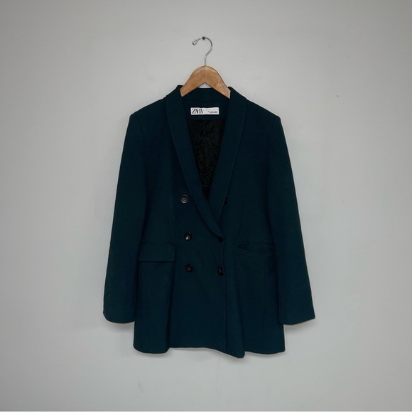 Zara Blazer Jacket Women's Size‎ Large Dark Green Structured Double-Breasted - Picture 2 of 10